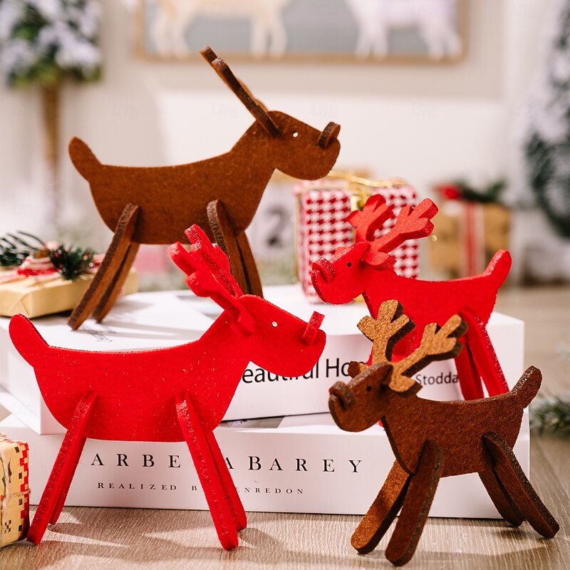 4pcs Christmas Felt Reindeer Figurine, Red DIY Small Deer Decorations, Antler Holiday Ornaments for Christmas Tree, Home and Party Decor - Main Image