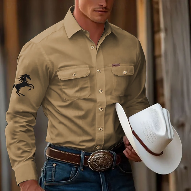 Men's Animal Horse Work Shirt Western Shirt Cargo Shirt Long Sleeve Tactical Vintage Retro Sports Outdoor WorkWear Spring Fall Turndown Front Two Pockets Button Up Shirts Black White Army Green Blue2