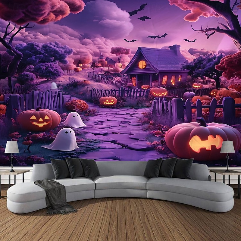 Halloween Photo Backdrop Tapestry, Ghost and Pumpkin Pattern Wall Hanging, Large Decorative Mural for Bedroom, Living Room, Party, and Home Decoration2