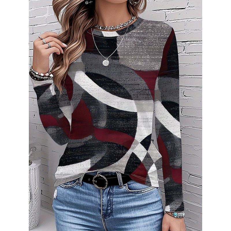 Women's T Shirt Graphic Geometric Geometry Vintage Stylish Classic Long Sleeve Crew Neck Round Neck Regular Tops Daily Print Wine Spring Fall Winter