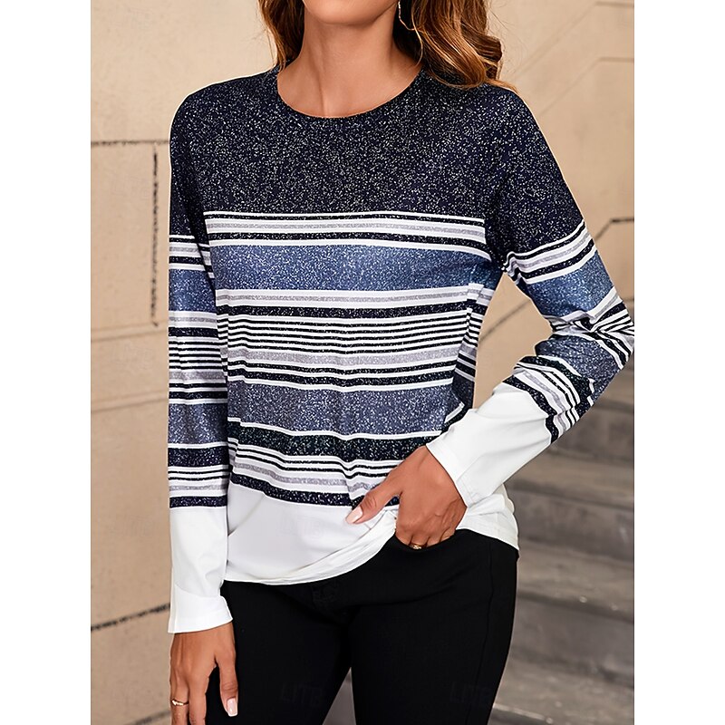 Women's T Shirt Ombre Graphic Geometric Vintage Stylish Classic Long Sleeve Crew Neck Round Neck Regular Tops Daily Print Navy Blue Summer Spring Fall4