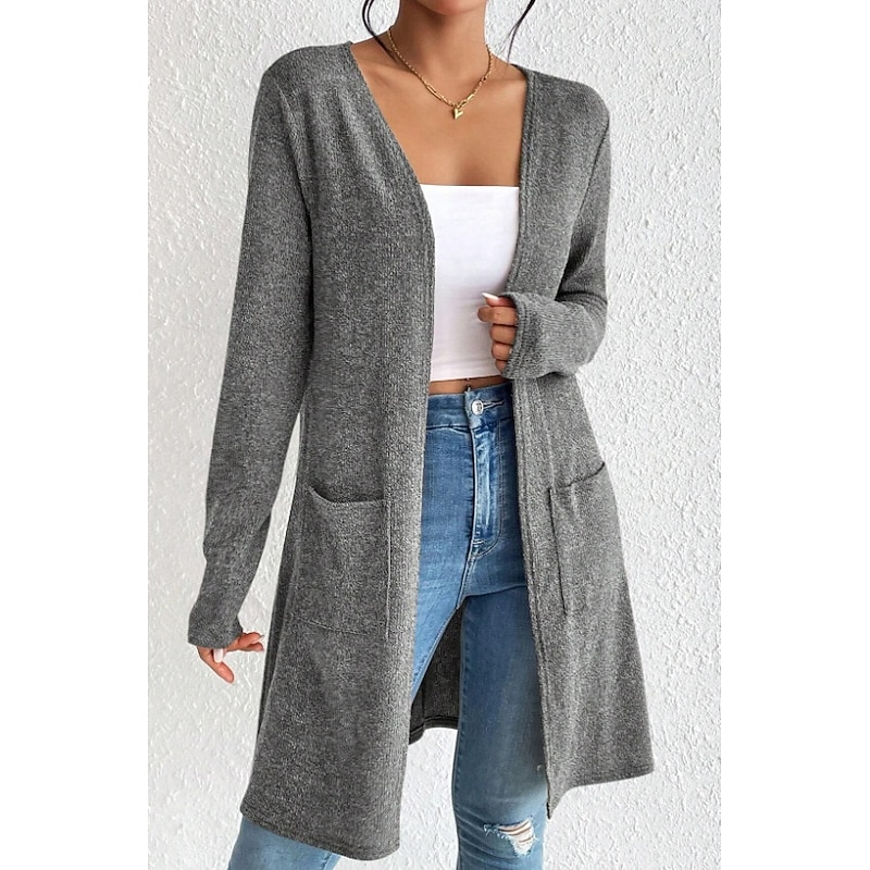Women's Winter Coat Comfortable Knitting Open Front Fashion Minimalism Plain Outdoor Vacation Home Office Long V Neck Regular Fit Long Sleeve Outerwear Black Brown Grey Spring Fall