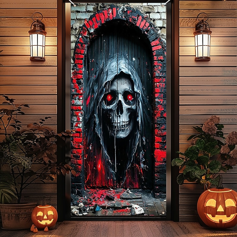 Halloween Door Cover Outdoor Banners Skeleton Grim Reaper Psychedelic Dark Punk Gothic Style Party Outdoor Shooting Backgrounds Front Door Wall Porch Home Decor