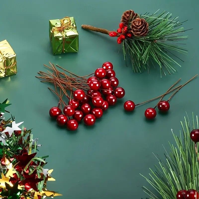 100pcs Christmas Red Berry Stems – Mini Artificial Fruit Decorations for Christmas Trees, Wreaths, DIY Crafts, and New Year Holiday Decor2