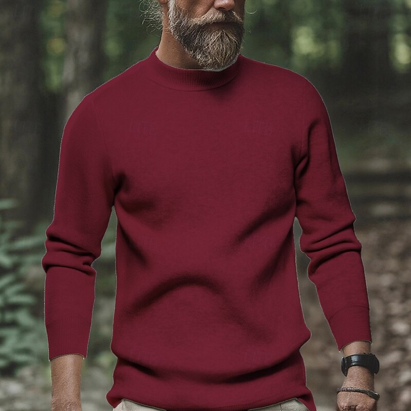 Men's Pullover Sweater Jumper Knit Sweater Ribbed Knit Regular Tops Knitted Plain High Neck Fashion Basic Vacation Daily Wear Clothing Apparel Fall Winter Wine Black S M L3