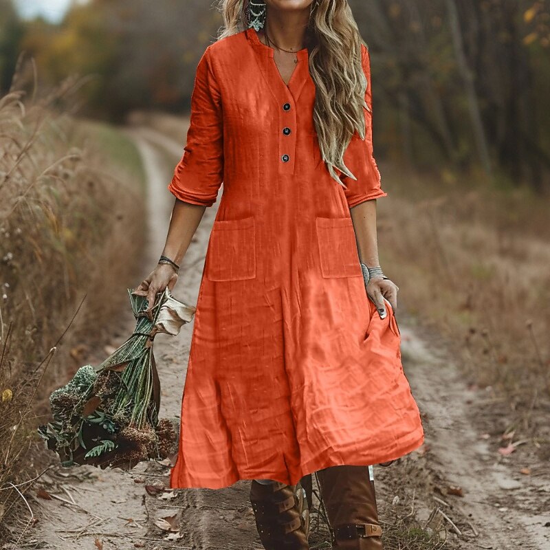 Women's Midi Dress Casual Dress Cotton Linen Dress Classic Modern Outdoor Vacation Holiday Regular Fit Plain Long Sleeve V Neck Black Purple Orange Light Blue Fall