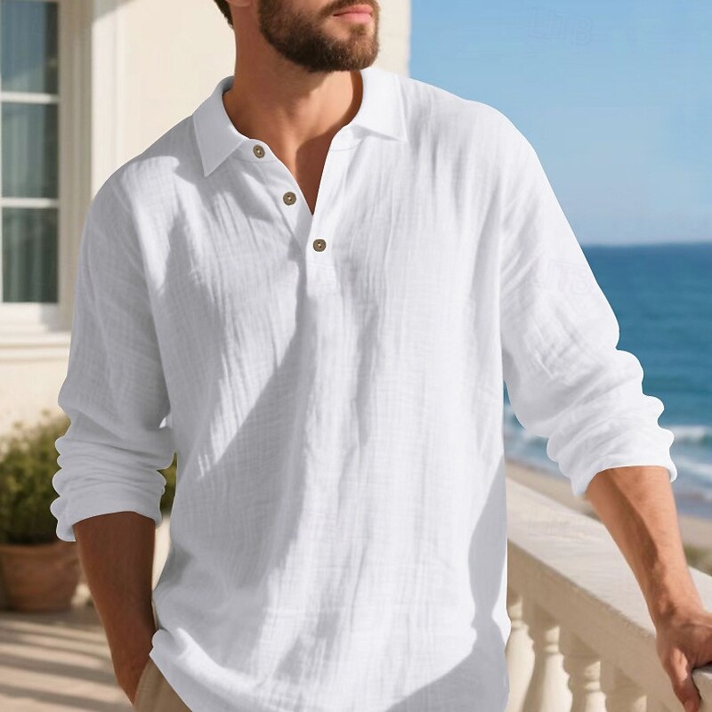 Men's Linen Shirt Golf Shirt Work Casual Lapel Long Sleeve Basic Modern Plain Buttons Spring Fall Regular Fit Black White Navy Blue Khaki Army Green Light Blue Linen Shirt3