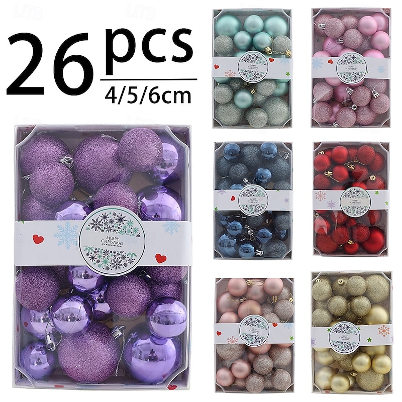 26 Pcs Christmas Tree Balls Baubles Ornaments Shatterproof Hanging Decoration Set For Xmas Tree 4cm 5cm 6cm Assorted Size Colorful Holiday Party Decor