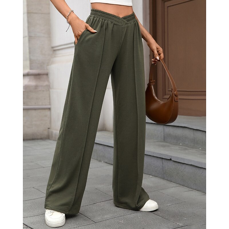 Women's Slacks Straight Streetwear Casual Full Length Natural Plain Pocket Elastic Waist Comfortable Street Holiday Weekend claret Navy Black Army Green Fall Regular Fit