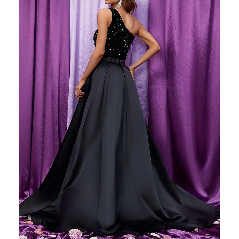 Black Velvet Sequin Mermaid / Trumpet Evening Gown with Detachable Overskirt Elegant Dress Formal Wedding Sweep / Brush Train Sleeveless One Shoulder 20254