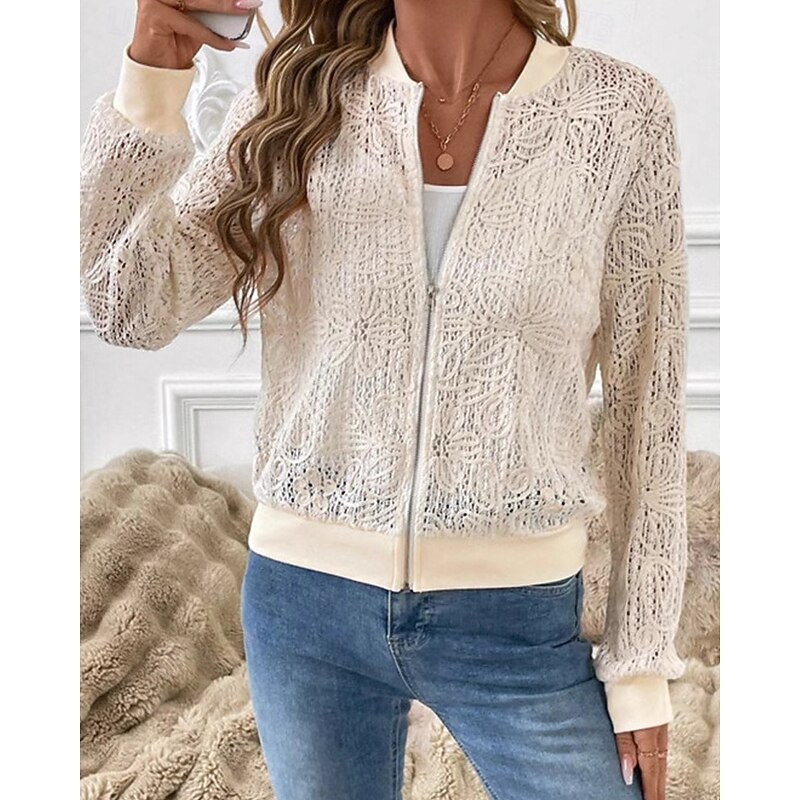 Women's Casual Jacket Comfortable Lace Patchwork Zipper Fashion Plain Outdoor Street Holiday Daily Wear Zipper Regular Crewneck Regular Fit Long Sleeve Outerwear Apricot Fall2