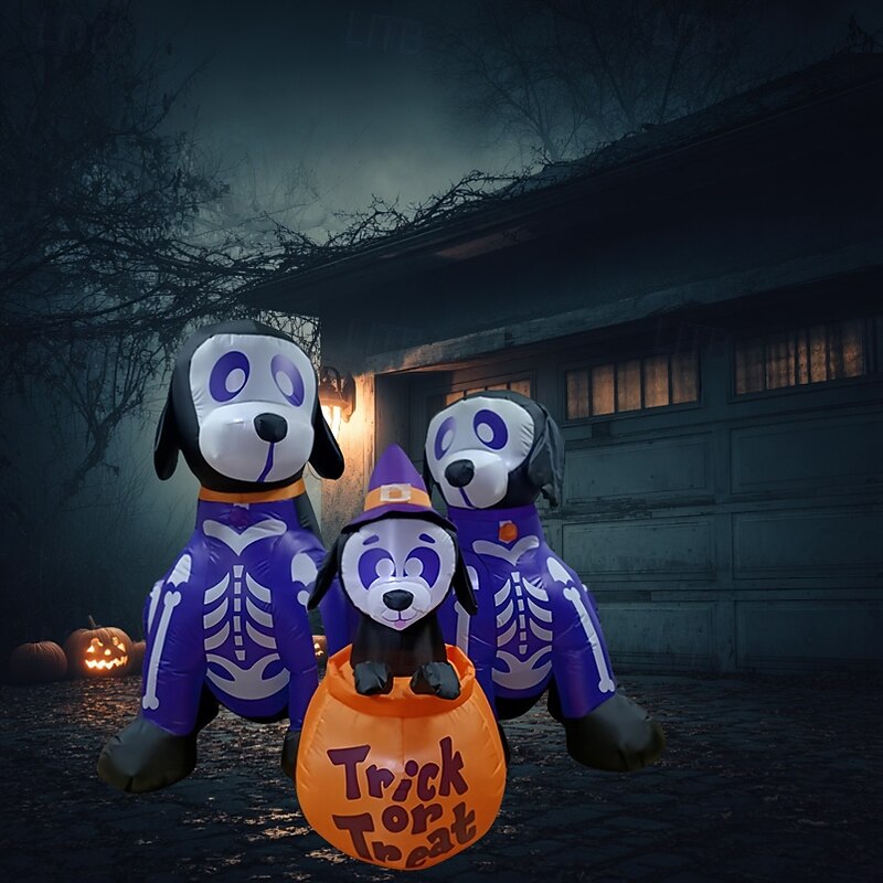 1 Pc 1.8M/6FT Halloween Three Skeleton Puppies LED Light Emitting Pumpkin Bucket Inflatable Air Model Indoor and Outdoor Courtyard Lawn Garden Party Festival Atmosphere Decorative US/EU/UK/AU Plug3