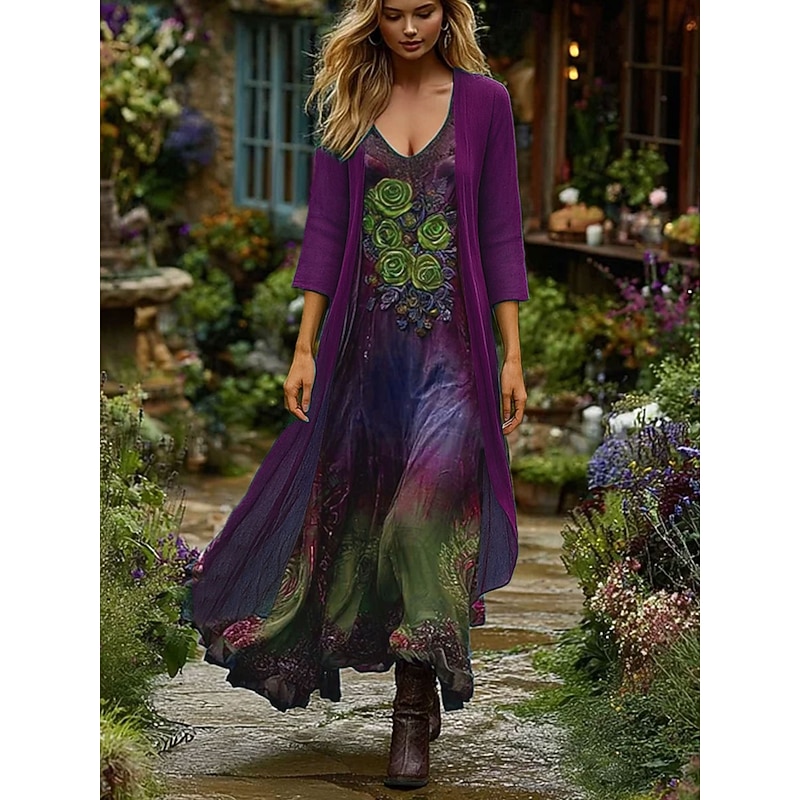 Women's Dress Set Maxi Dress A Line Dress Vacation Boho Floral Graphic Layered Print Maxi Dress 3/4 Length Sleeve V Neck Outdoor Daily Blue Purple Green Spring Fall Regular Fit2