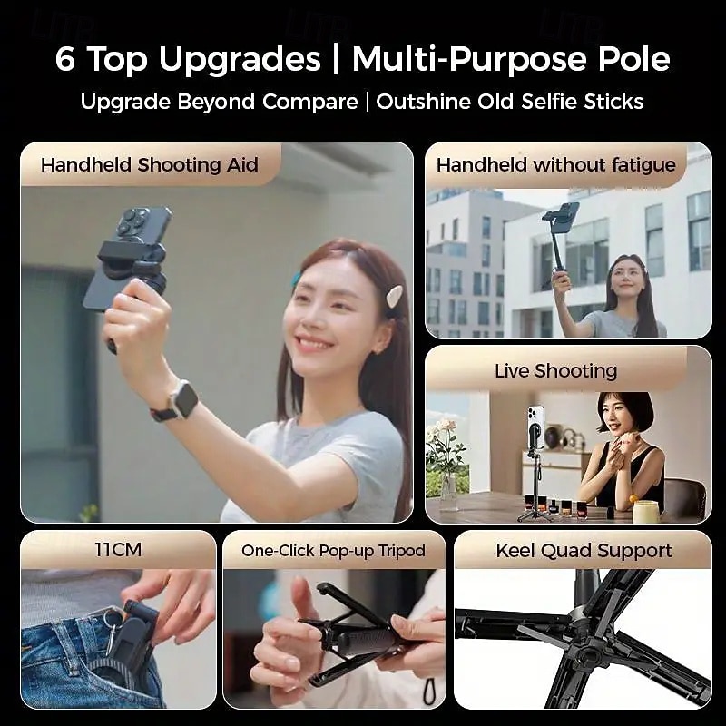 4-in-1 Magnetic Selfie Stick - 360 Rotating Bluetooth Mini Tripod with Phone Holder Extendable to 16 Inches Wireless Remote Control Compatible with iPhone and Android Smartphones3
