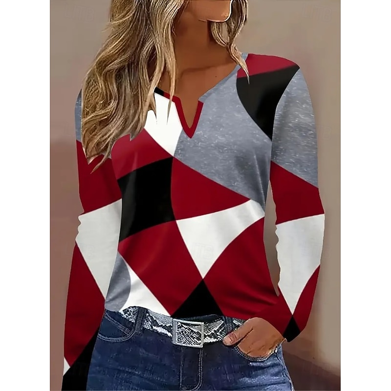 Women's T Shirt Graphic Geometric Striped Vintage Stylish Classic Long Sleeve V Neck Notched Neck Regular Tops Daily Weekend Print Red Blue Orange Gray Spring Fall Winter