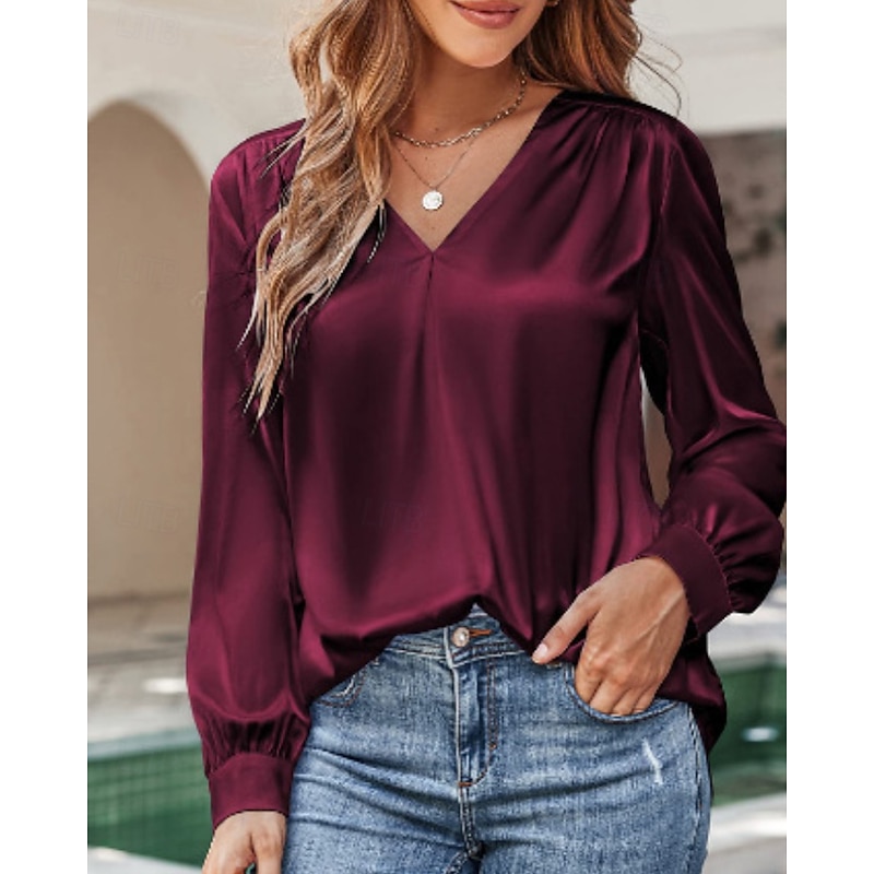 Women's Shirt Blouse Plain Modern Casual Satin Long Sleeve V Neck Regular Tops Holiday Going out Ruched Black Wine Green Apricot Fall