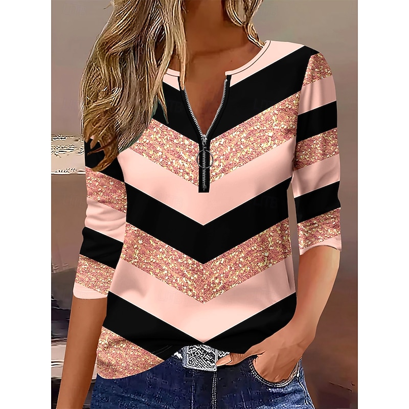 Women's T Shirt Graphic Geometric Striped Elegant Vintage Stylish Long Sleeve Round Neck Notched Neck Regular Tops Daily Weekend Zipper Print Pink Spring Fall Winter - Main Image