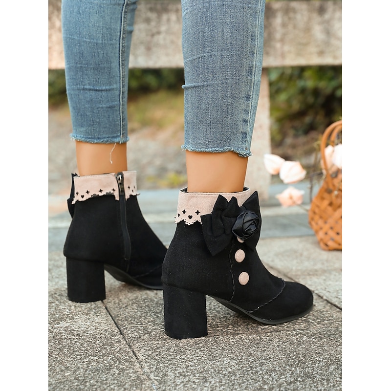 Women's Boots Chelsea Boots Daily Floral Booties Ankle Boots Flower Chunky Heel Pointed Toe Bohemia Suede Zipper Black4
