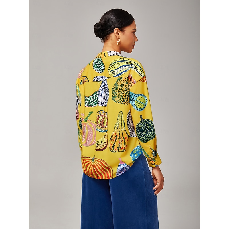 Women's Top Casual Drop Shoulder Stand Collar Inverted Pleat Pumpkin Print Yellow3