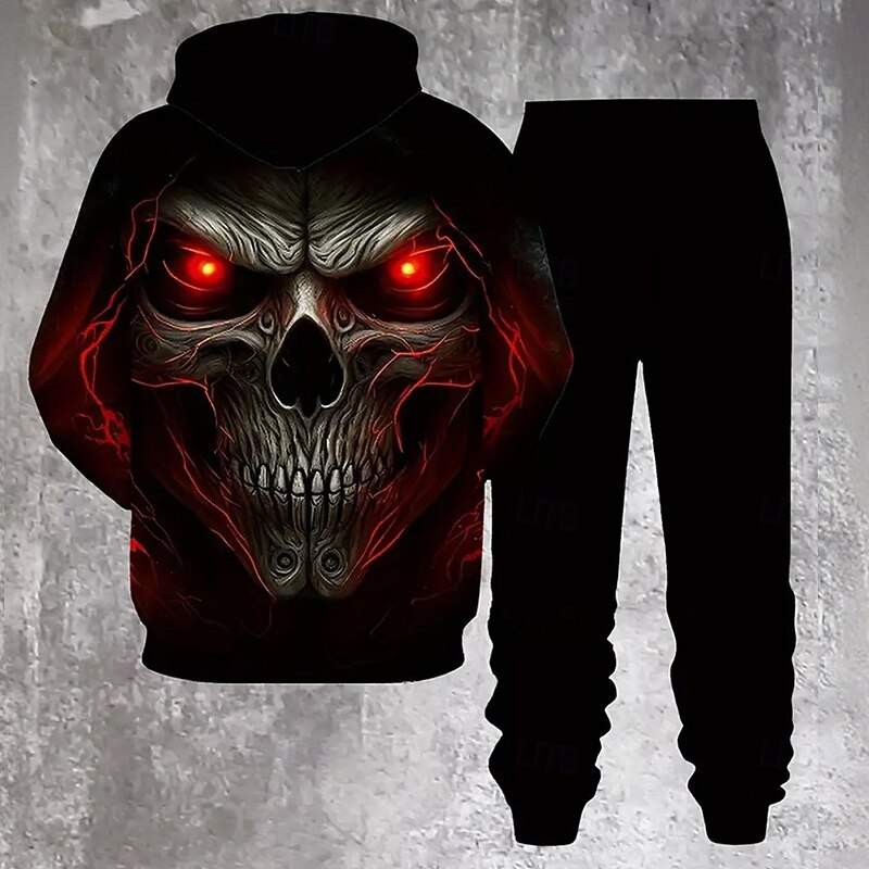 Halloween Men's Skull 2pcs 3D Sweatshirt Sets Tracksuit Hoodie Sweatshirt Long Sleeve Long pants Hooded Casual Daily Street Athleisure 3D Print Hooded Spring Fall Winter Black2