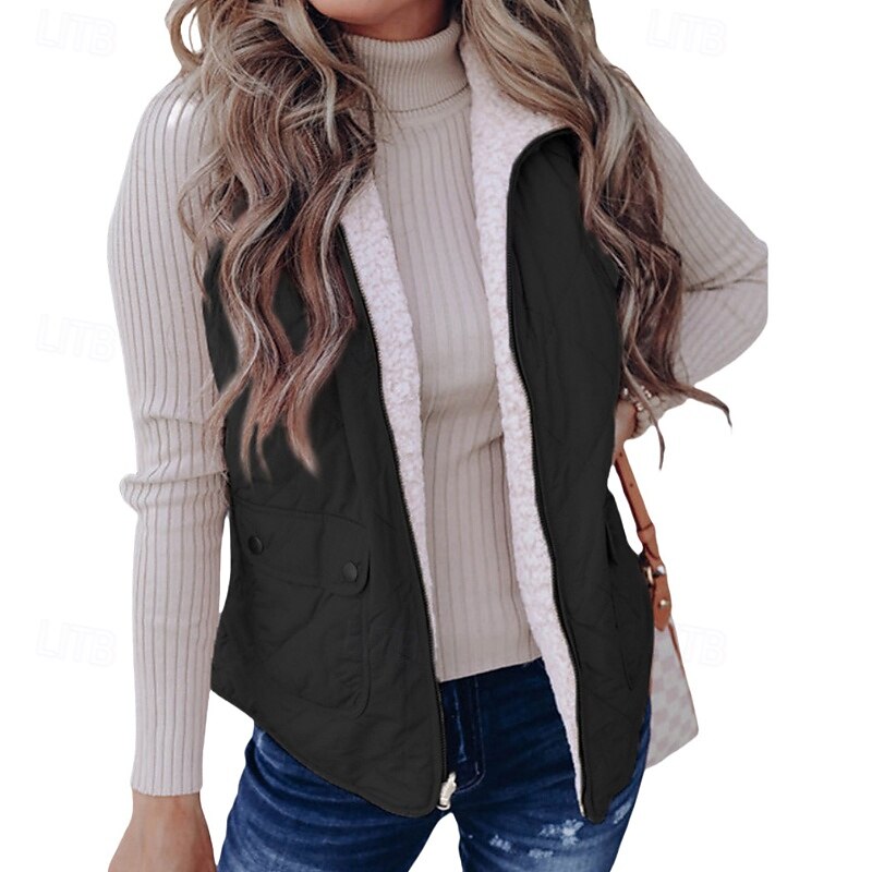 Women's Vest Warm Comfortable Patchwork Zipper Pocket Casual Plain Street Casual Daily Zipper Regular Turndown Regular Fit Sleeveless Outerwear Black Pink Wine Fall Winter