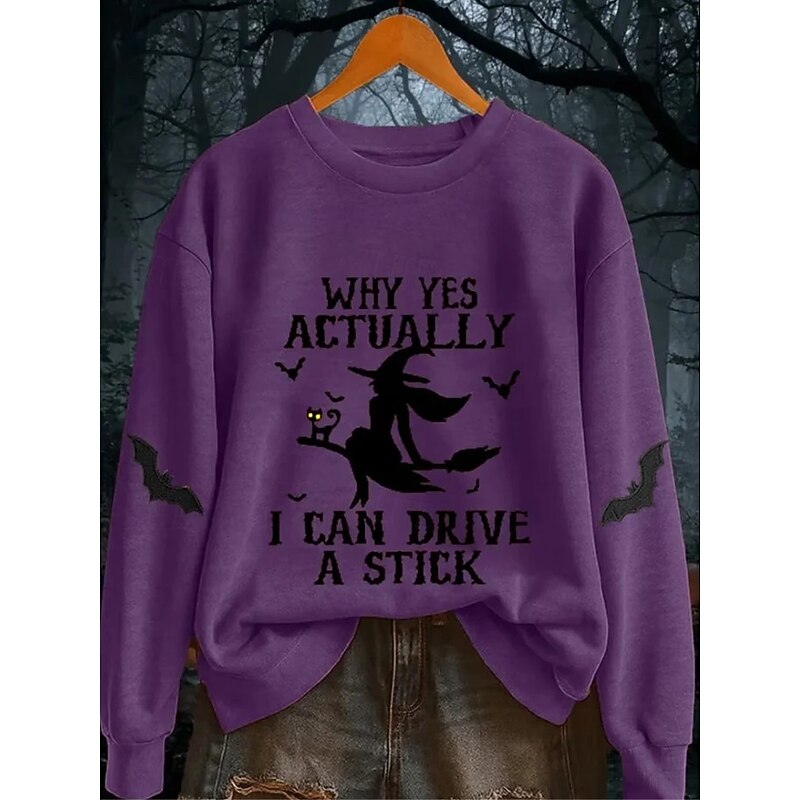 Halloween Women's Pullover Sweatshirt Witch Graphic Fashion Casual Long Sleeve Crew Neck Round Neck Regular Tops Street Dailywear Casual Print Black Purple Orange Green Fall Winter Spooky Island3