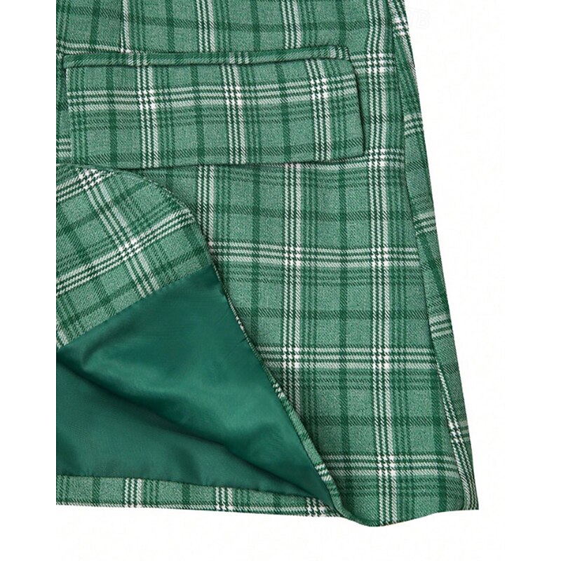 Men's Blazer Set Business Cocktail Party Wedding Party 2 Piece Fashion Casual Spring Fall Polyester Plaid Pocket Buttons Comfortable Single Breasted Blazer Green4