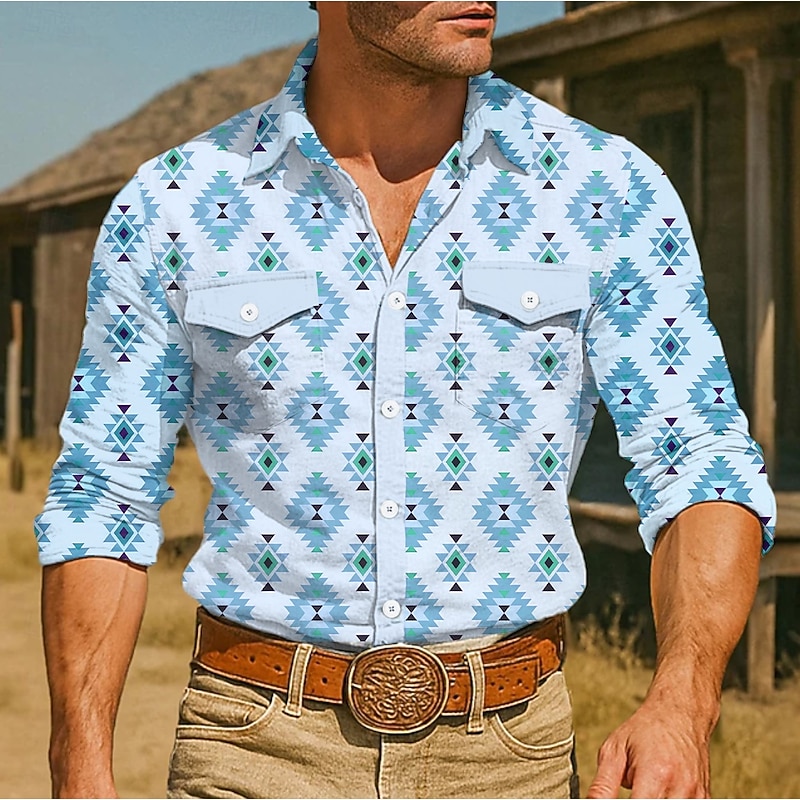 Men's Aztec Ethnic Western Shirt Button Up Shirt Cowboy Shirt Long Sleeve Vintage Retro Outdoor Holiday Summer Spring Fall Turndown Collared Shirts Front Two Pockets Blue Green Apricot4