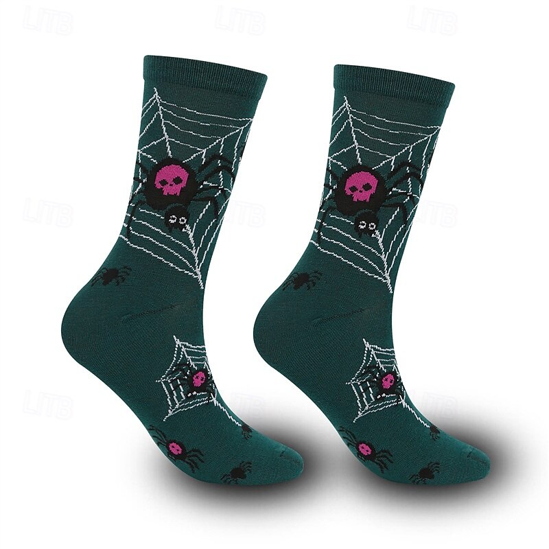 Halloween Cartoon Print Socks with Skull and Pumpkin Design, Unisex Moisture-Wicking Mid-Calf Casual Socks for Autumn and Winter2