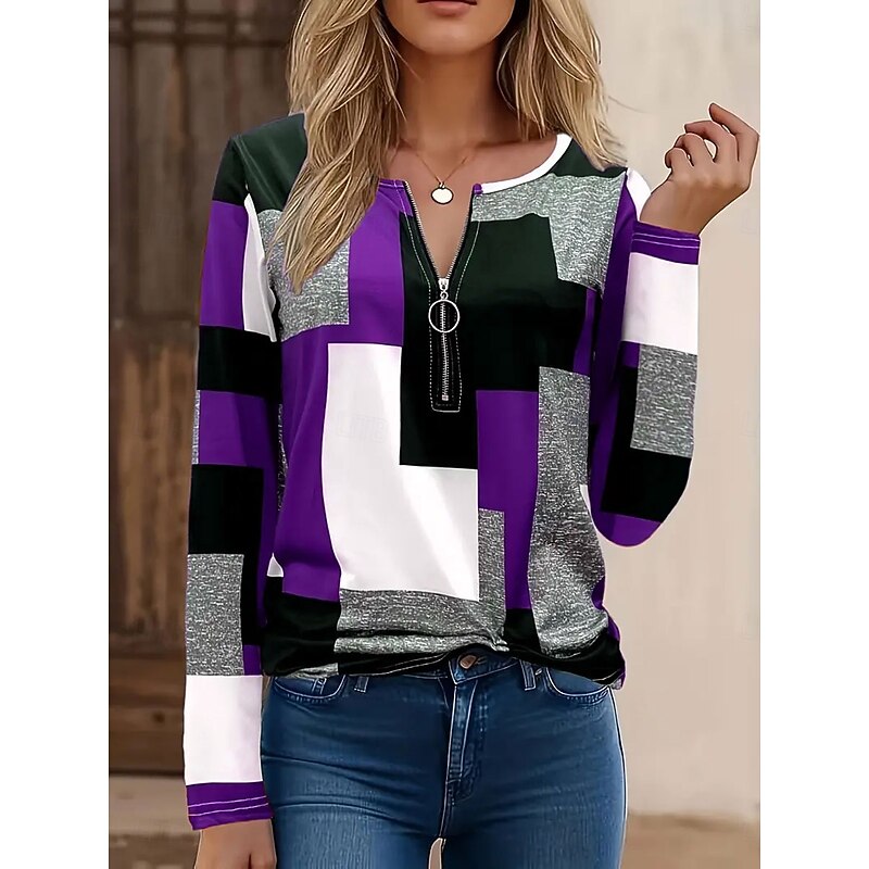 Women's T Shirt Graphic Geometric Vintage Fashion Stylish Long Sleeve Crew Neck Regular Tops Daily Zipper Print Red Blue Purple Green Gray Spring Fall Winter4