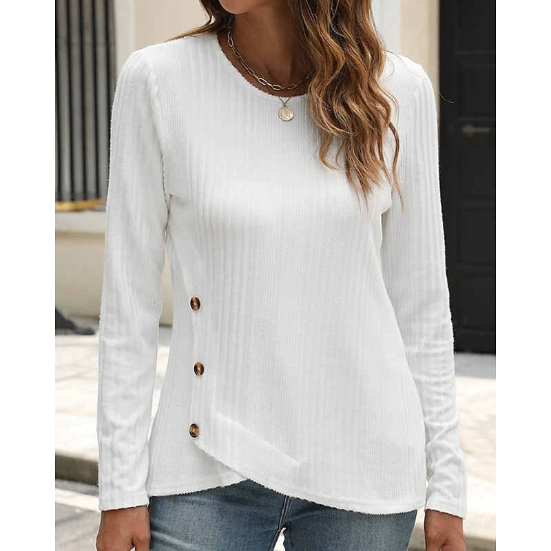 Women's Texture Blouse T Shirt Tee Top Plain Fashion Modern Long Sleeve Crew Neck Regular Tops Daily Going out Buttons Black White Pink Blue Orange Spring Fall2