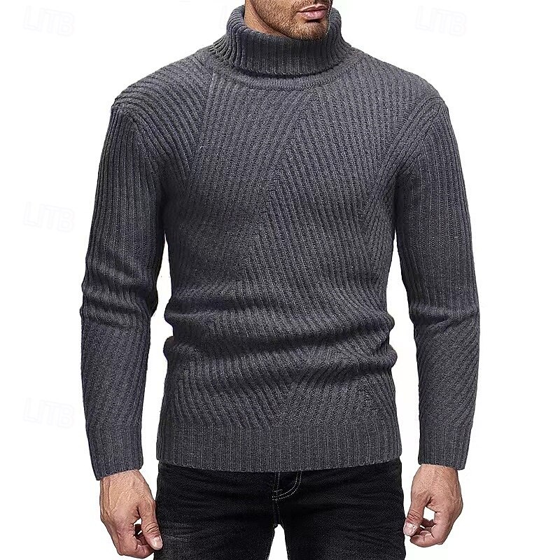 Men's Sweater Pullover Sweater Jumper Ribbed Knit Regular Tops Knitted Slim Fit Plain Turtleneck Knitwear Contemporary Casual Daily Wear Clothing Apparel Fall Black White S M L3