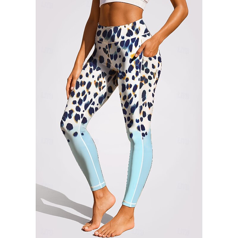 Women's Unisex pilates leggings fitness pants Gym Leggings Pockets Stamp Duty Side Pockets Pilates Gym Gym Workout Pants Tights Leggings Graphic Leopard Print Blue and White Sports Activewear Stretchy3