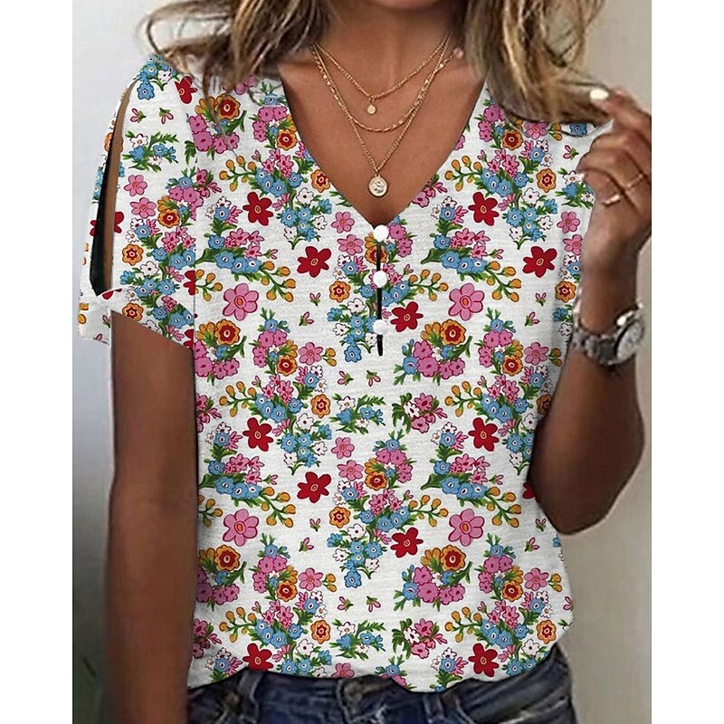 Women's T Shirt Floral Casual Short Sleeve V Neck Regular Tops Daily Going out Print Pink Blue Green Summer2