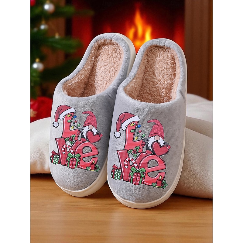 Women's Beige Christmas Slippers with Plush Lining and Festive Love Print – Cozy Indoor Winter Shoes for Holiday, Home and Gift Giving