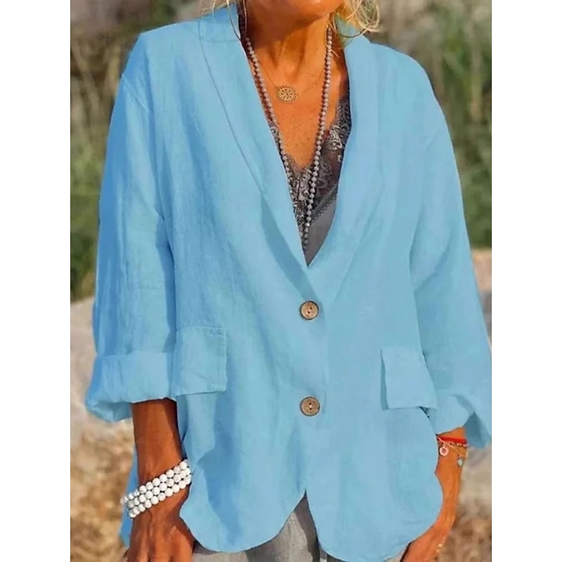 Women's Blazer Comfortable Breathable Pocket Buttons Fashion Daily OL Style Plain Office Daily Single Breasted Regular Lapel Regular Fit Long Sleeve Outerwear Black White Sky Blue Spring Fall4