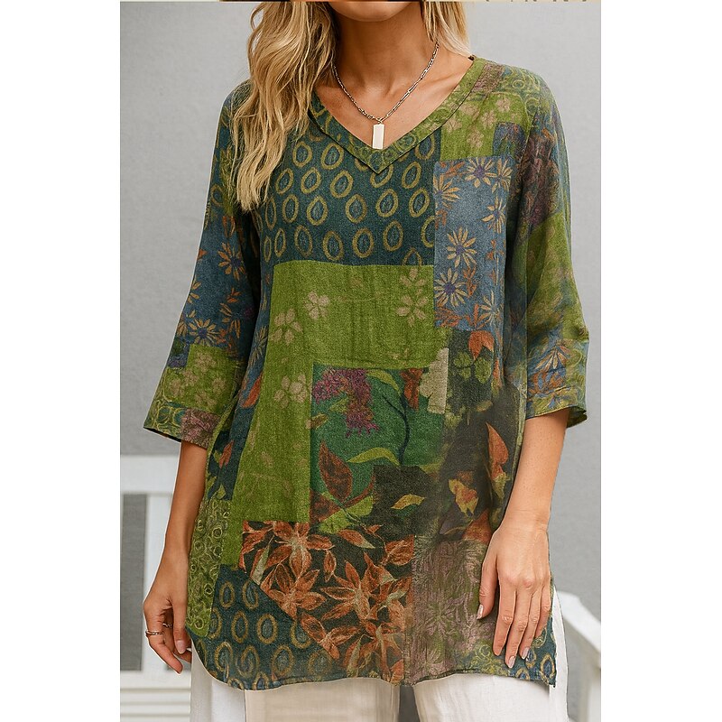 Women's Cotton Linen Shirts Floral Graphic Bohemia Stylish Basic 3/4 Length Sleeve V Neck Regular Tops Daily Print Red Green Summer Spring