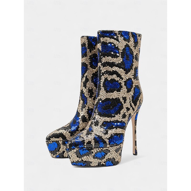 Women's Blue and Gold Sequin Platform Stiletto Ankle Boots - Bold Nightlife Party Footwear4