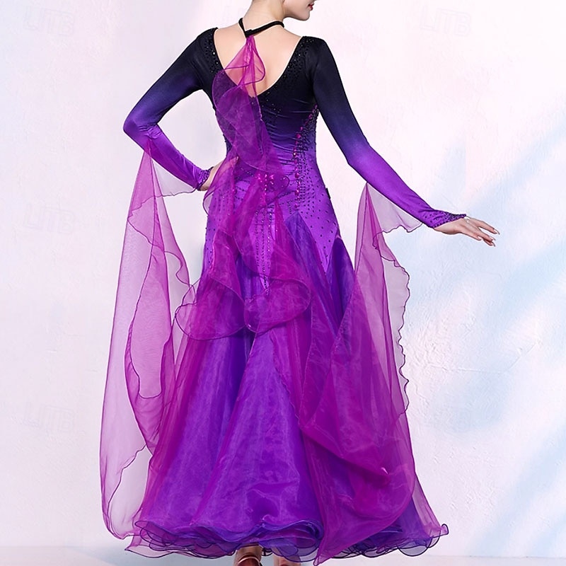 Ballroom Dance Dress Crystals / Rhinestones Women's Performance Party Long Sleeve Mesh2
