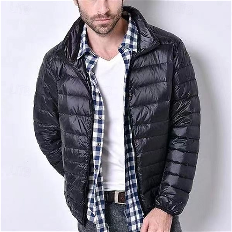 Men's Winter Coat Puffer Jacket Padded Jacket Pocket Polyster Vacation Daily Wear Date Regular Fashion Casual Comfortable Thermal Warm Winter Solid / Plain Color Wine Black Navy Blue Army Green2