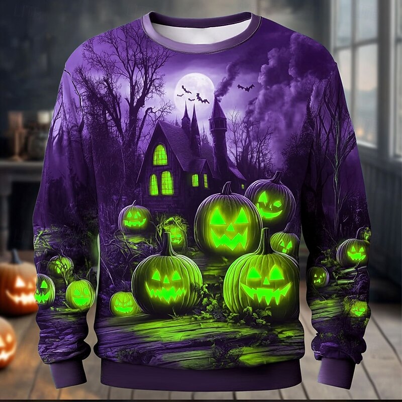 Halloween Men's Pumpkin Sweatshirt Punk Party Long Sleeve Crew Neck Vacation Yellow Orange Crewneck 3D All Seasons Designer3