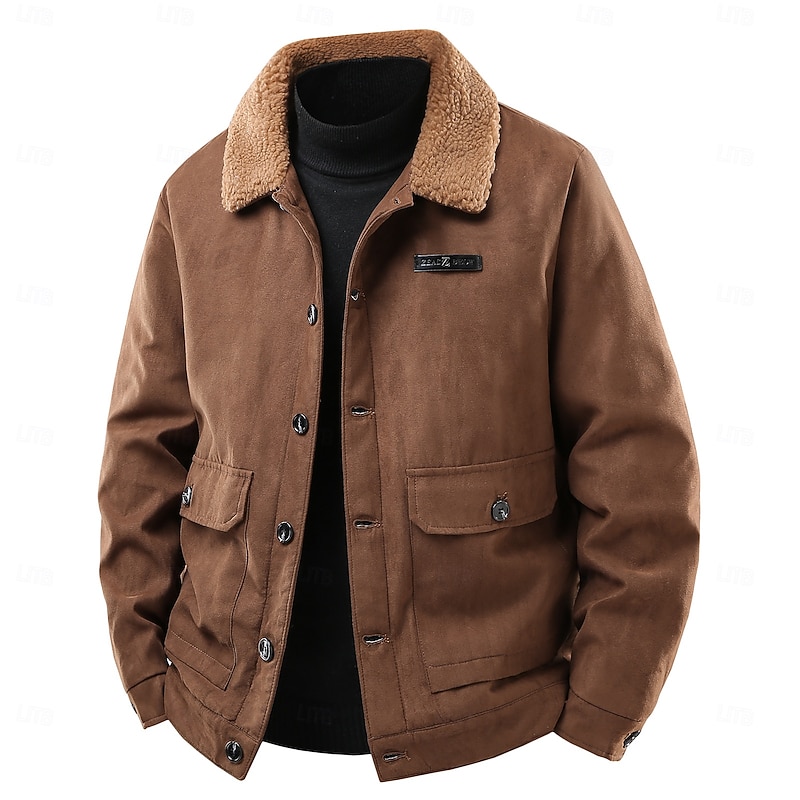 Men's Faux Suede Jacket Windbreaker Brown Suede Jacket Casual Casual Daily Windbreaker Pocket Fleece Collar Winter Spring &  Fall Solid Color Vintage Fashion Shirt Collar Regular Black Brown Grey