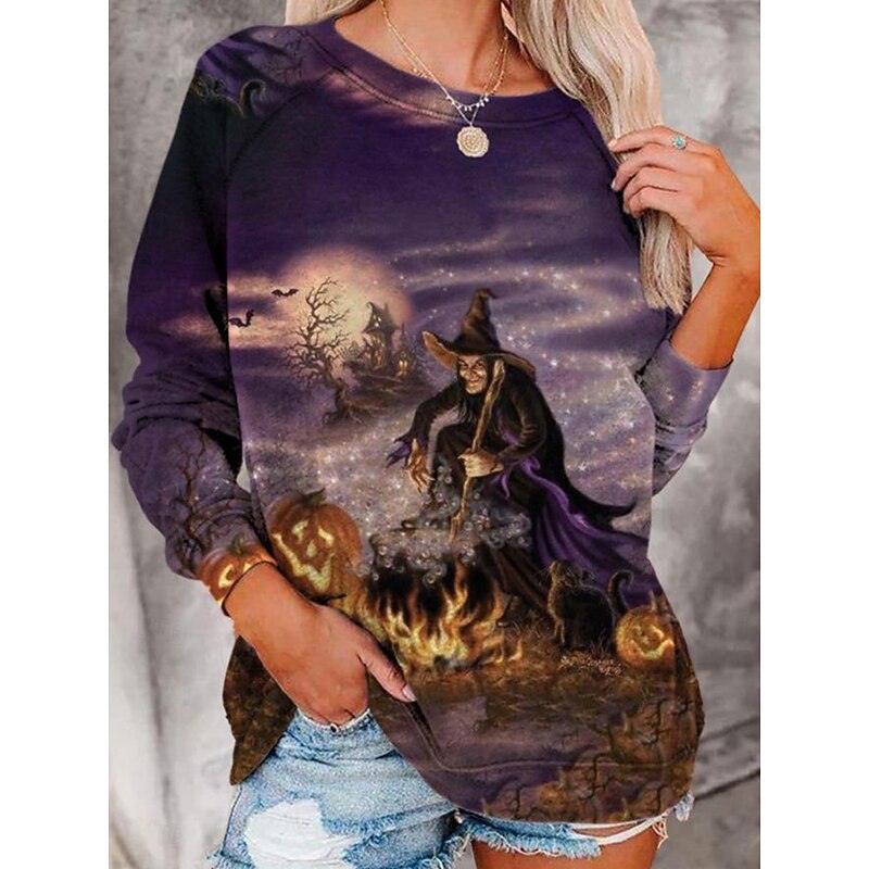 Halloween Women's Sweatshirts Witch Graphic Fashion Casual Long Sleeve Crew Neck Regular Tops Casual Print Blue Purple Orange Summer Spring Fall3