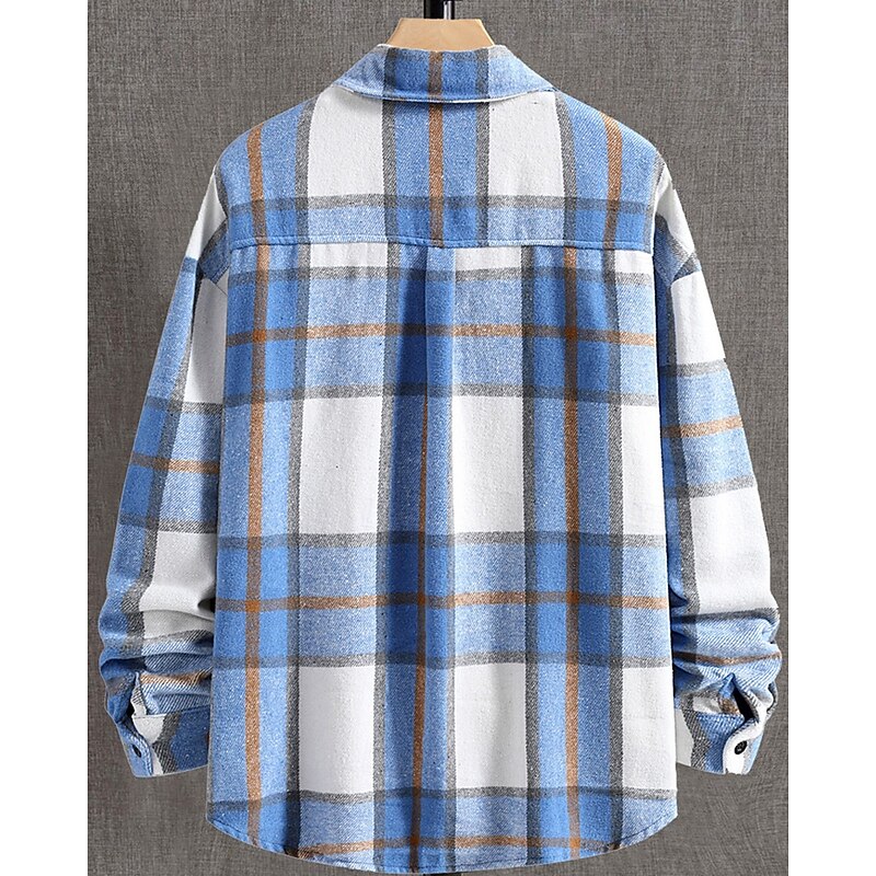 Men's Shacket Shirt Jacket Winter Jacket Plaid Vacation Daily Wear Blue Brown Khaki Coffee Long Sleeve Lapel Fall Winter Clothing Apparel Pocket4