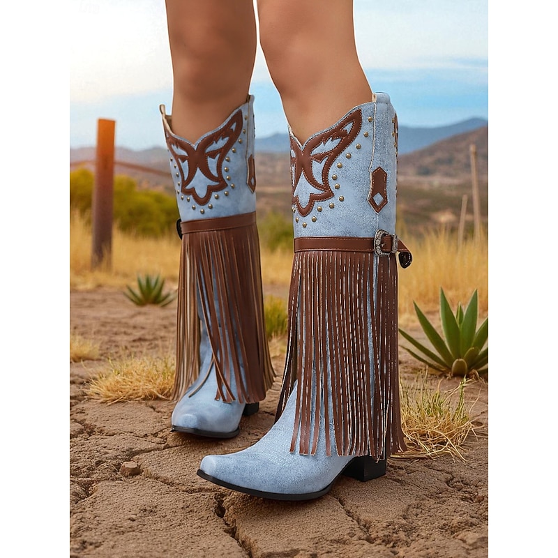 Women's Blue and Brown Western Fringe Cowboy Boots - Faux Leather Embroidered Knee High Boots for Rodeo Style, Country Concerts and Festival Outfits