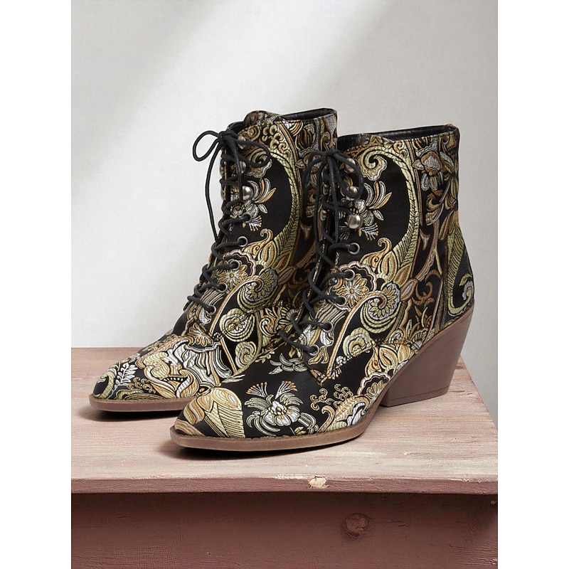 Women's Edwardian Vintage Jacquard Lace-Up Ankle Boots - Baroque Floral Wedge Heel Booties for Retro Parties,1900s-1910s Fall Fashion,and Themed Costumes2