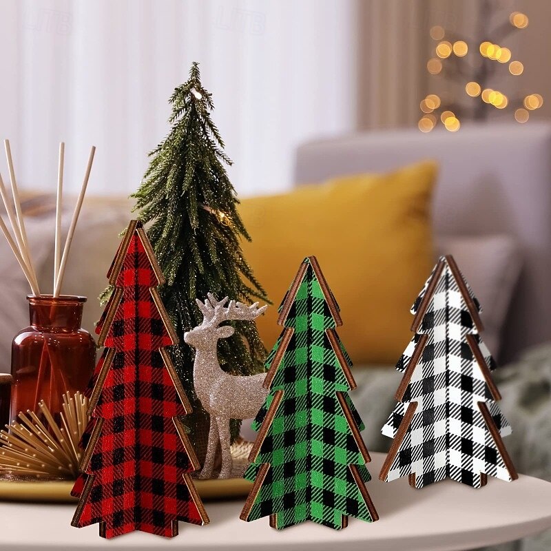 3PCS Wooden Christmas Tree Table Decorations, Rustic Wood Craft Ornaments, Holiday Tabletop Decor and Personalized Festival Gifts