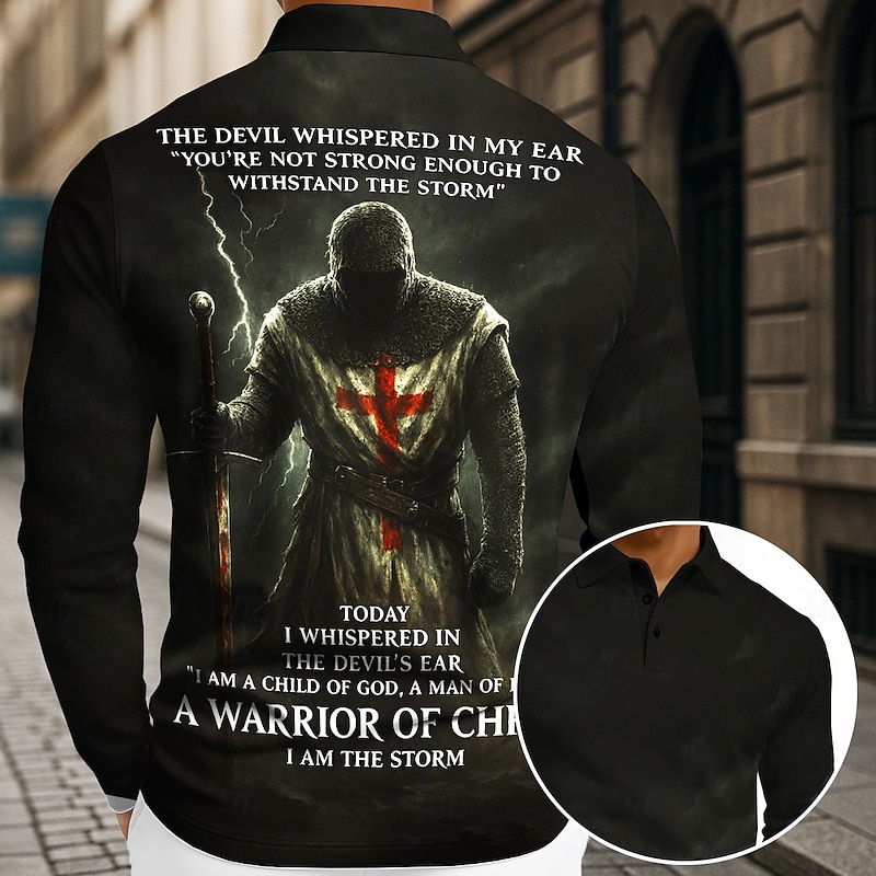 Men's Graphic Polo Long Sleeve Polo Shirts Lapel Casual Dark Street Athleisure Daily Wear 3D Print Buttons Spring Fall Winter Black