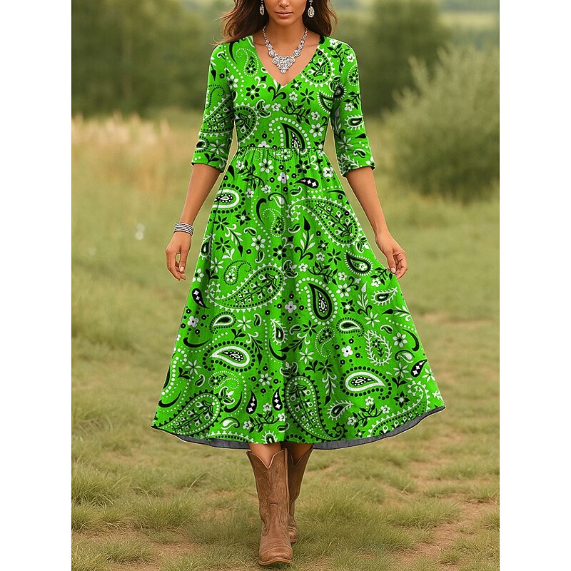 Women's Midi Dress Casual Dress A Line Dress Vacation Casual Regular Fit Graphic Paisley 3/4 Length Sleeve V Neck Red Blue Purple Green Spring Fall3