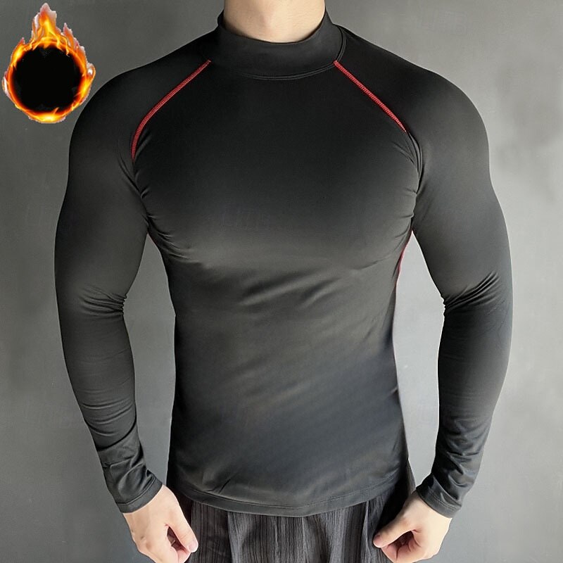 Men's Compression Shirt Fleece Base Layer Workout Tops Long Sleeve Top Athleisure Solid Colored Quick Dry Warm Gym Basketball Athletic Sportswear Activewear Black Black+Gray Red+Black4